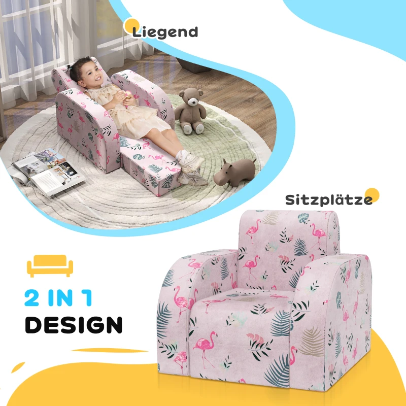 AIYAPLAY Kinderstoel met Slaapfunctie, tot 3 Jaar/45 kg, Flamingopatroon, 46,5x93x28,5 cm, Roze