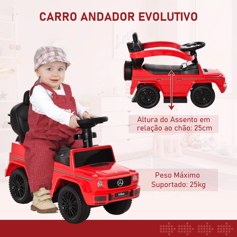 HOMCOM Carro Andador para Crianças Mercedes G350 com Buzina Capô Removível Encosto e Suporte de Proteção 85,5x40,5x95 cm Vermelho