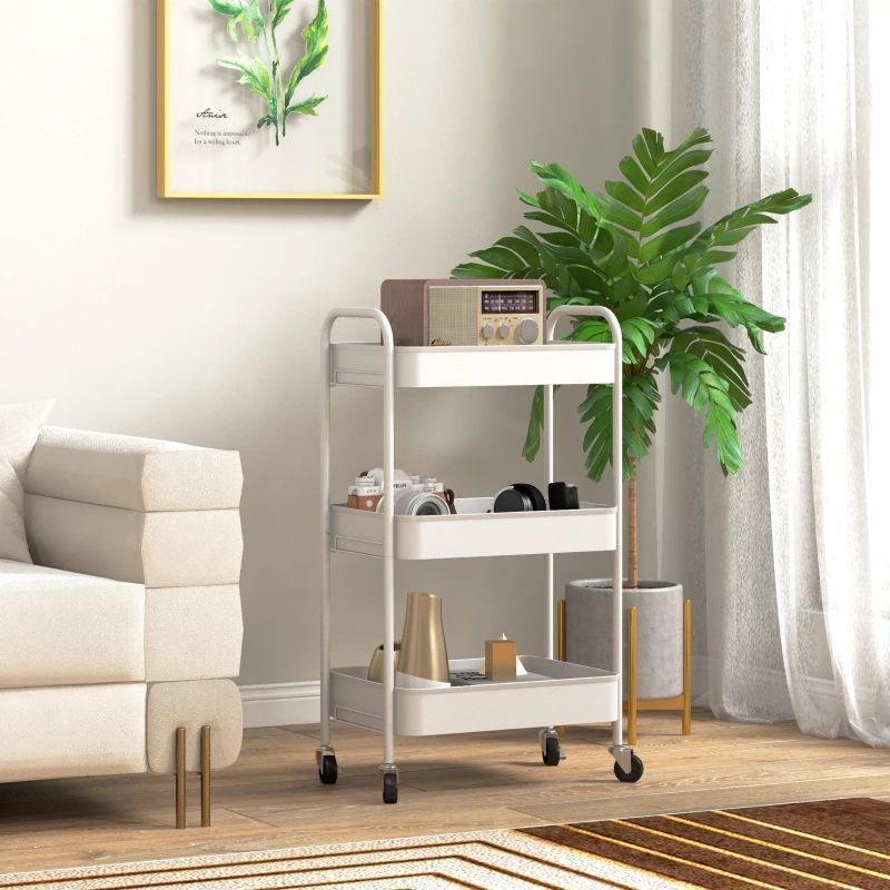 HOMCOM Cărucior pentru Depozitare pe 3 Nivele și Roți cu Frâne, Cărucior Rulant cu 3 Coșuri din Plasă, 45x30,6x79 cm, Alb