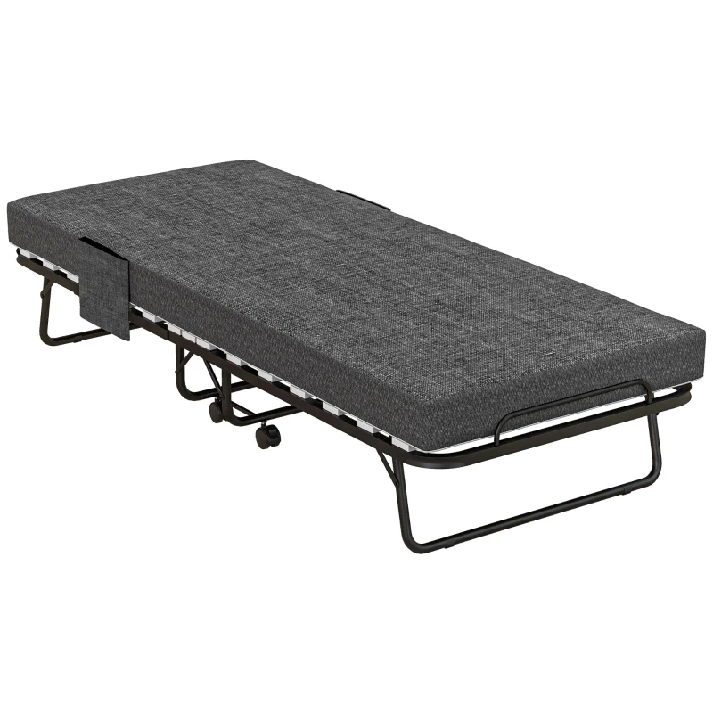 HOMCOM Opklapbed, Matras, 4 Wielen, Metalen Frame, Tot 150 kg, 190 x 80 x 42 cm, Donkergrijs