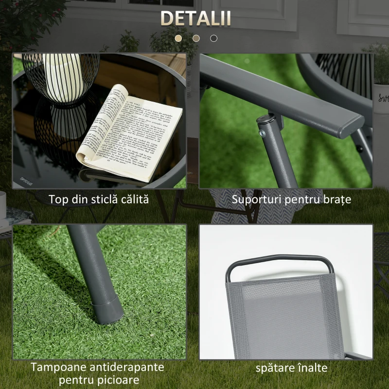 Outsunny Set de Exterior din 3 Piese cu Masă cu Blat din Sticlă și 2 Scaune Pliabile din Plasă, Ф45x50 cm, Gri Deschis
