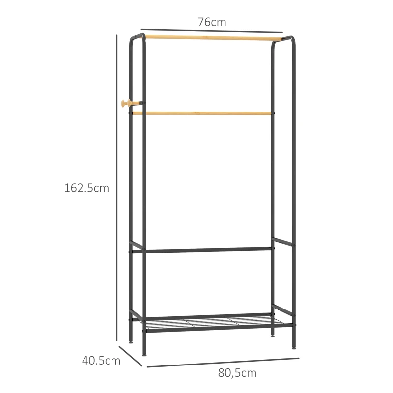 HOMCOM Kledingrek, 2 Kledingstangen, Plank & Haken, Bamboe/Staal, Zwart