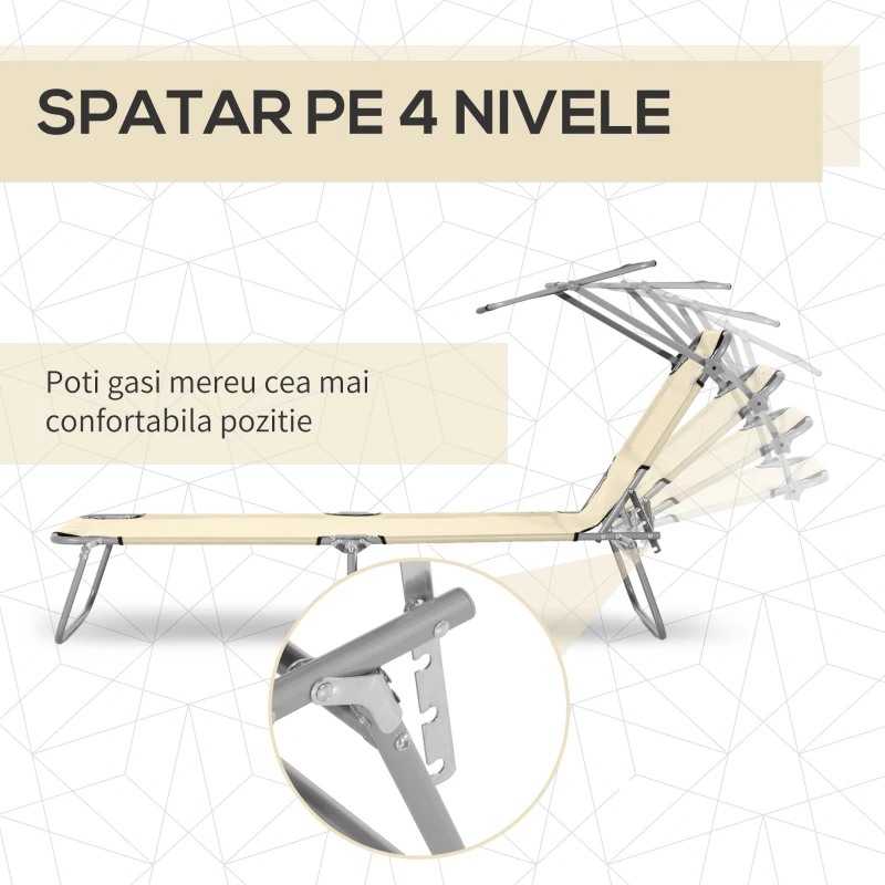 Outsunny Sezlong pentru Gradina cu Baldachin Reglabil, Sezlong pentru Plaja Pliabil Rabatabil pe 4 Niveluri, Bej