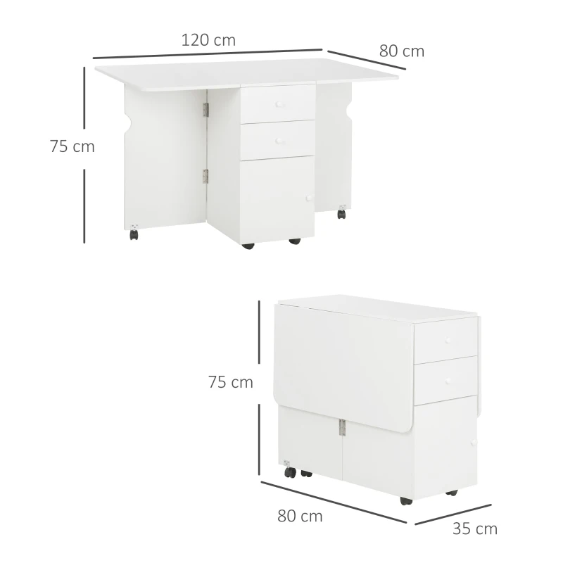 Homcom Masa Bucatarie Rabatabila 120×80 cm cu Sertare & Dulapior – Alb