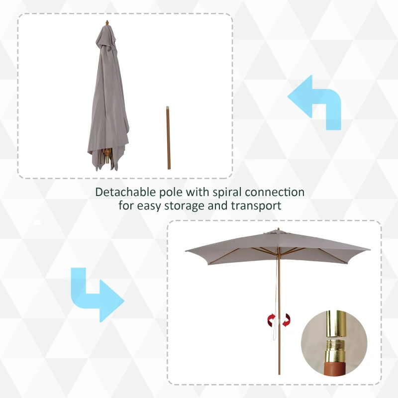Outsunny Umbrela de Gradina 2x3 m, Umbrela Parasolar Impermeabila din Lemn Lacuit cu Copertina Detasabila, Gri