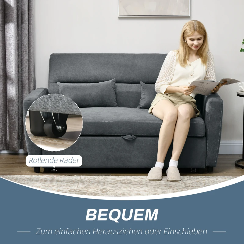 HOMCOM Schlafsofa, 2-Sitzer, ausklappbar, bis 200 kg, Holzrahmen, 155x90x88,5cm, Dunkelgrau(m-4)