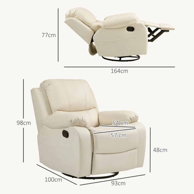 HOMCOM Relaxstoel, verstelbare leuning & voetsteun, draaibaar, tot 150 kg, stalen frame, 93x100x98cm, Crèmewit(m-3)