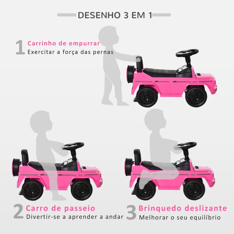 HOMCOM Carro Andador para Bebés com Licença Mercedes G350 com Compartimento de Arrumação e Volante Carga 25 kg 62,5x28,5x45 cm Rosa