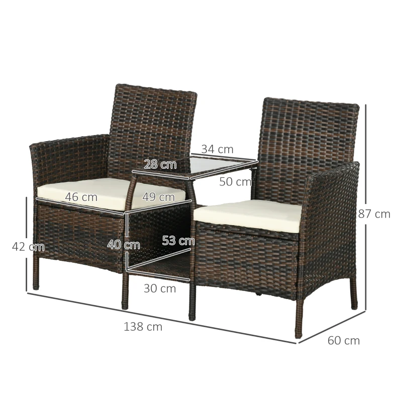 Outsunny Set de 2 Scaune din Ratan cu Măsuță de Ceai, Canapea pentru 2 Persoane pentru Exterior cu Perne, 38x60x87 cm, Maro