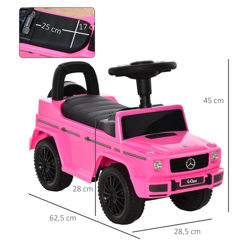 HOMCOM Carro Andador para Bebés com Licença Mercedes G350 com Compartimento de Arrumação e Volante Carga 25 kg 62,5x28,5x45 cm Rosa