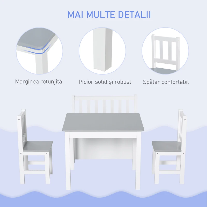 HOMCOM Set 4 Piese cu Masuta pentru Copii, 2 Scaune si Banca