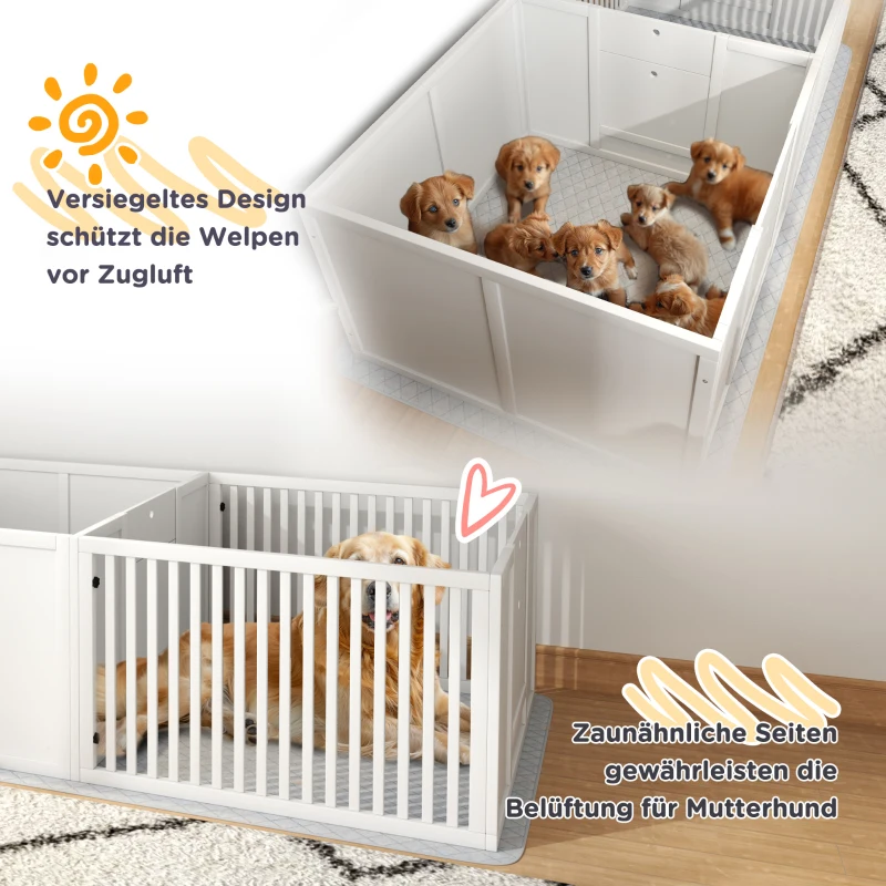 PawHut Werpbox voor Puppy's, met Ondermat, eenvoudig te reinigen, Hout, 166x80x50 cm, Wit(m-6)