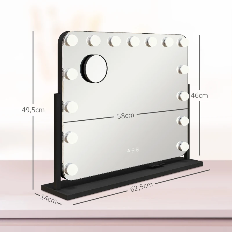 HOMCOM Lustro Kosmetyczne LED, 3 Tryby Światła, Regulowane, Sterowanie Dotykowe, USB, 62,5x49,5cm, Czarny