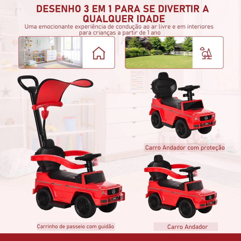 HOMCOM Carro Andador para Crianças Mercedes G350 com Buzina Capô Removível Encosto e Suporte de Proteção 85,5x40,5x95 cm Vermelho