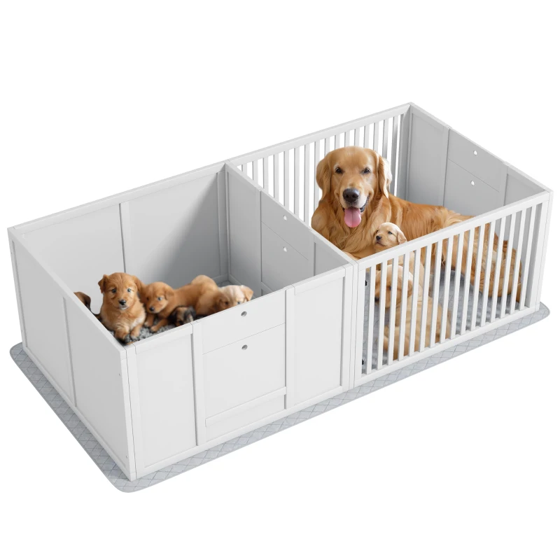 PawHut Werpbox voor Puppy's, met Ondermat, eenvoudig te reinigen, Hout, 166x80x50 cm, Wit(m-11)