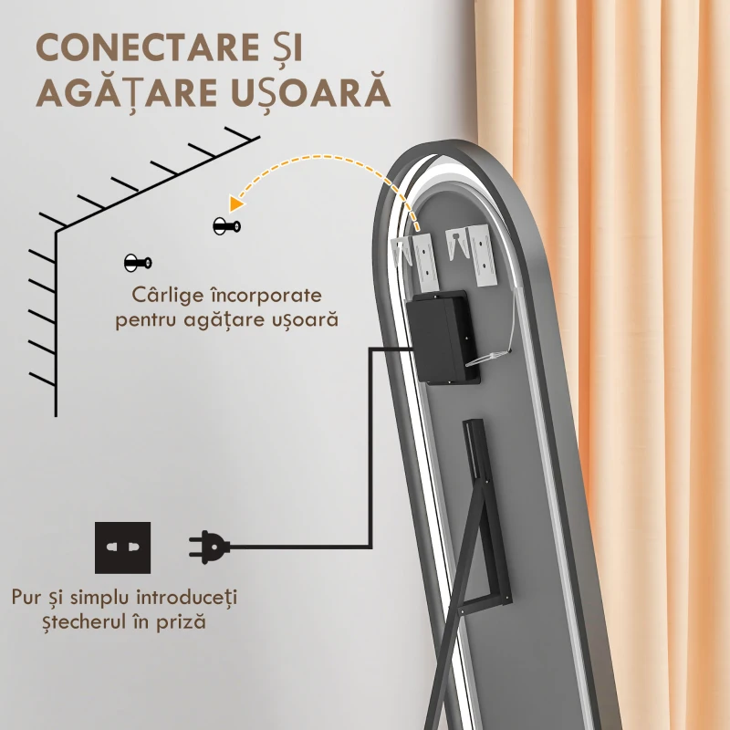 HOMCOM Oglinda mare arcuita cu lumini LED, cu 3 culori de lumina
