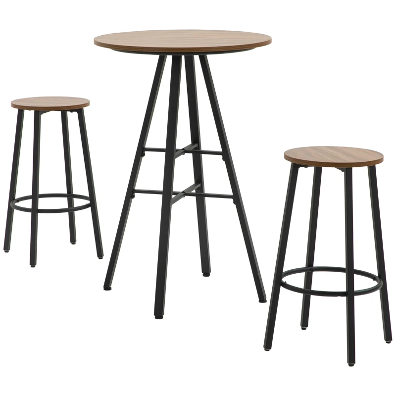 HOMCOM Ensemble table haute ronde design industriel + 2 tabourets ronds avec repose-pied en acier 2 personnes naturel noir