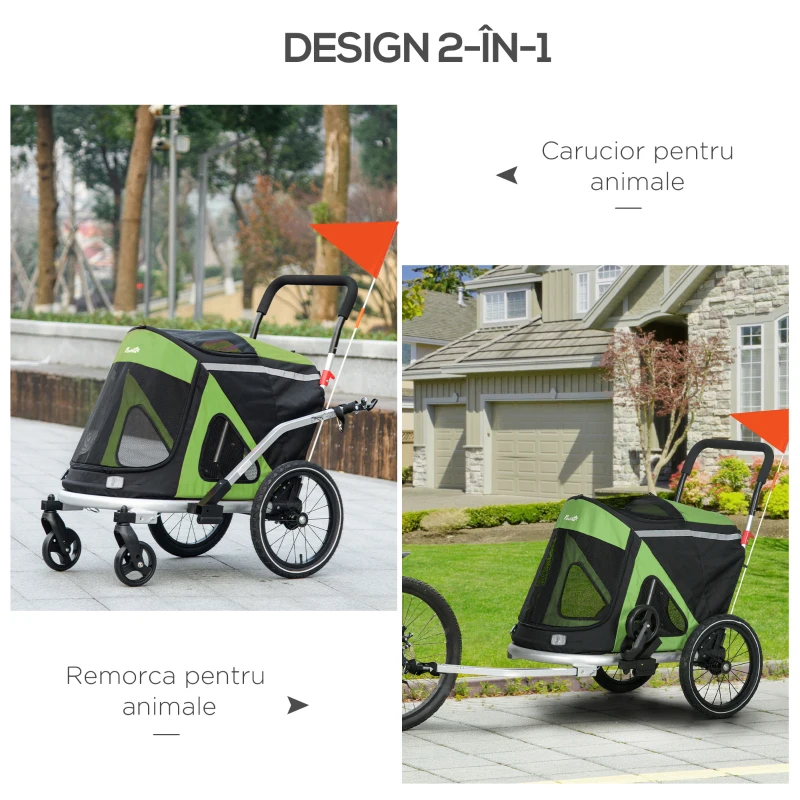 Pawhut Remorca Bicicleta 2-in-1 – Carucior Caini Pliabil cu Cadru Aluminiu