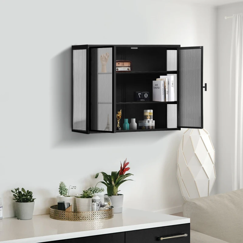 Credenza Moderna Ripostiglio a Due Ante con Vetrata e Ripiani a Tre Livelli per Ingresso, Soggiorno, Bagno e Sala da Pranzo, Nero