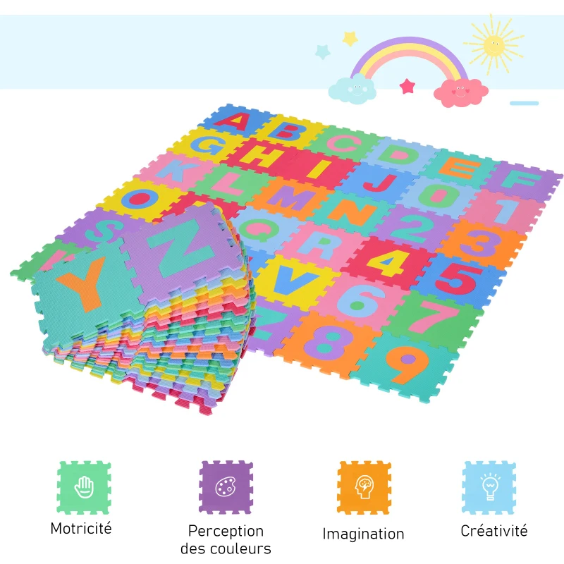 HOMCOM Tapis de Sol en Mousse Tapis Puzzle interconnectables dim. 31L x 31l x 1H cm 36 pièces Grande Surface 3,24 m² Multicolore