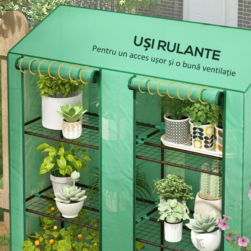Outsunny Seră de Grădină cu Copertină din PE, Seră cu Acoperiș Înclinat, 2 Uși Rulante și 6 Rafturi, 143x46x151cm, Verde