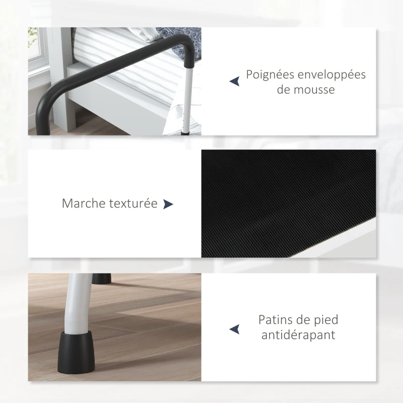 HOMCOM Marchepied escabeau 2 marches avec 2 poignées barres de sécurité hauteur réglable pour appui noir blanc