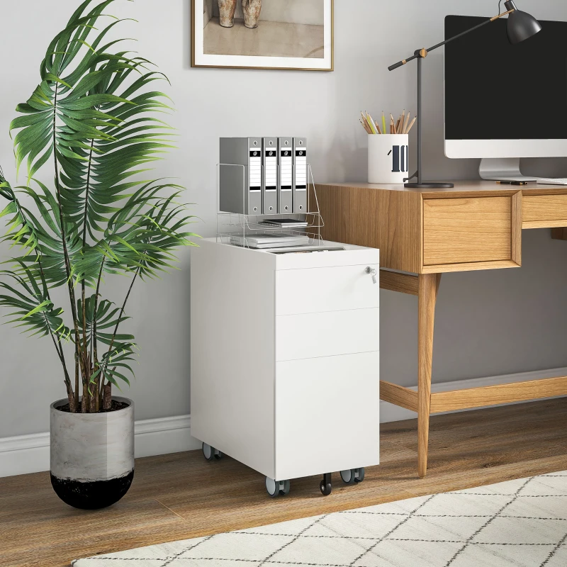 HOMCOM Szafka na dokumenty, Kontener na kółkach, zamykany, na pliki wiszące, obudowa stalowa, 30x50x61 cm, Biały