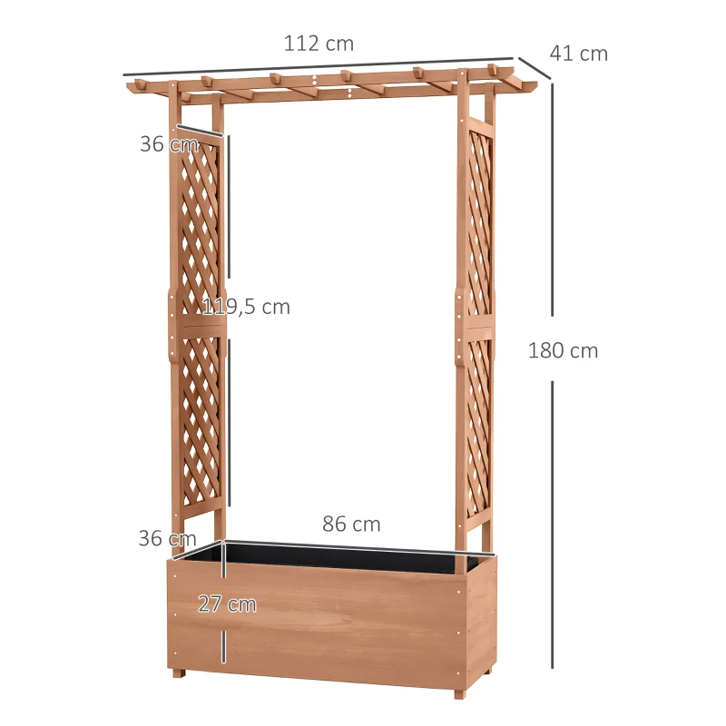 Outsunny Strat de Grădină Înălțat cu Grilaj și Acoperiș, Jardinieră din Lemn pentru Plante Cățărătoare, 112x41x180 cm, Maro
