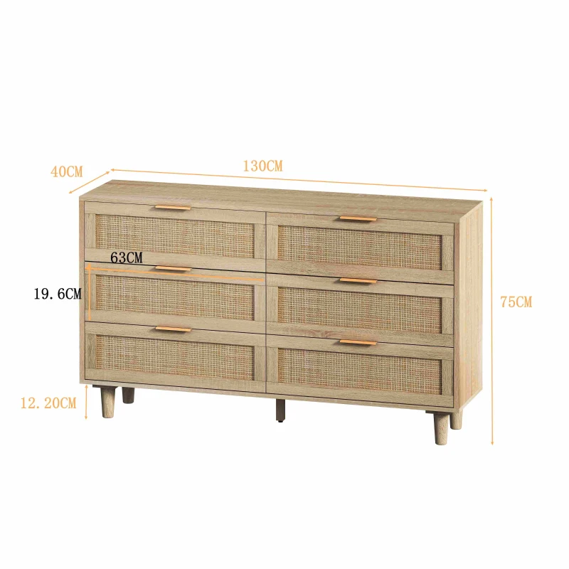 Commode en rotin avec 6 tiroirs pour chambre et salon, meuble de rangement en panneau de particules de haute qualité, 130x40x75 cm, Naturel