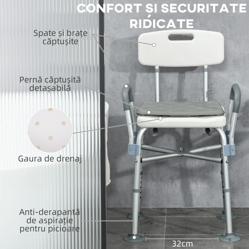 Homcom Scaun Dus – Aluminiu Reglabil, Spatar & Perna Captusita