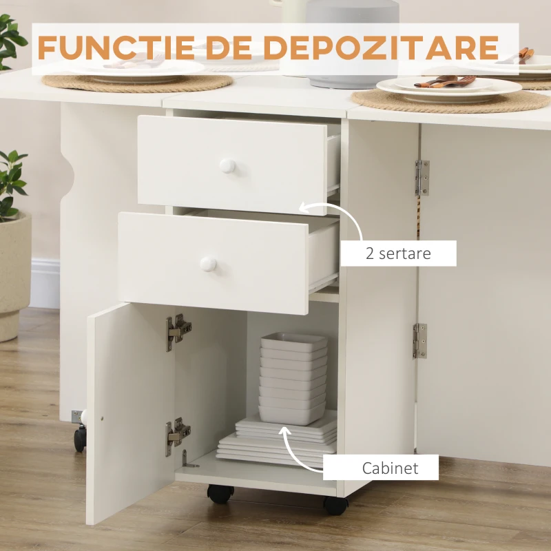 Homcom Masa Bucatarie Rabatabila 120×80 cm cu Sertare & Dulapior – Alb