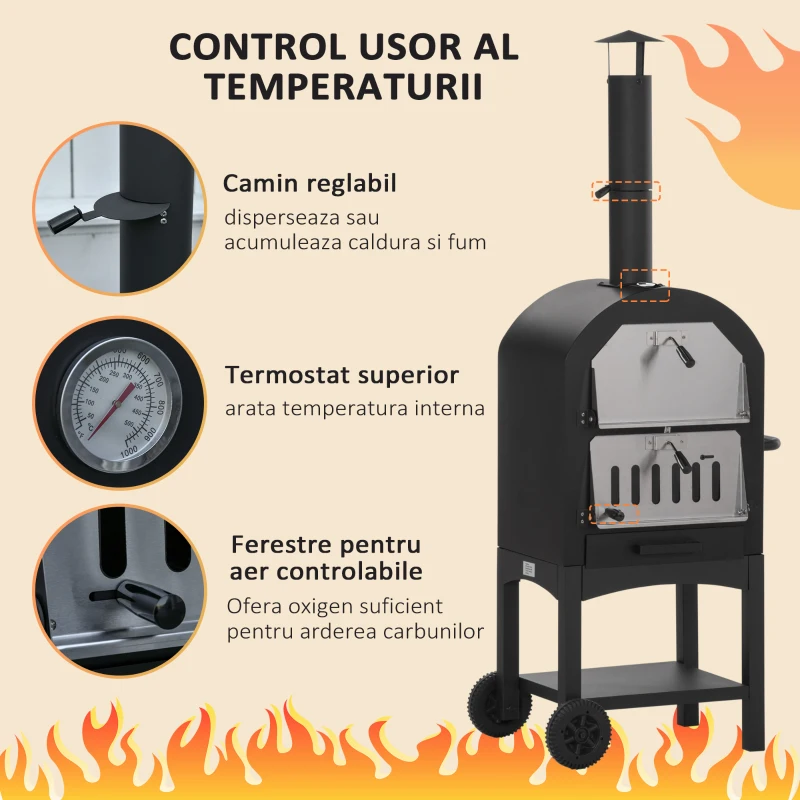 Outsunny Cuptor Portabil cu Cărbune pentru Pizza și Barbecue, Cuptor cu Lemne, Coș de Fum și Raft Inferior, 63x54x161 cm, Negru