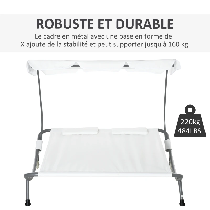 Outsunny Bain de Soleil 2 Places lit de Jardin Design Contemporain Toit réglable 2 roulettes 2 oreillers Acier époxy Polyester crème