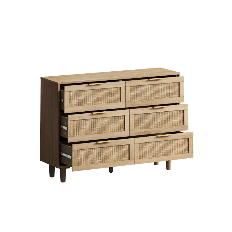 Commode de Rangement en Rotin avec 6 Tiroirs, Meuble de Rangement en Panneaux de Particules de Haute Qualité pour Chambre et Salon, Naturel