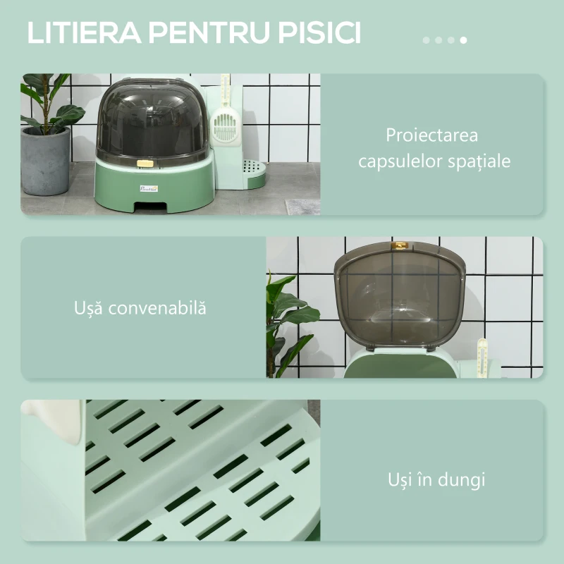 PawHut Litieră pentru Pisici cu Capac, Litieră Închisă cu Tavă Detașabilă și Lopățică Inclusă, 52x60x42 cm, Verde