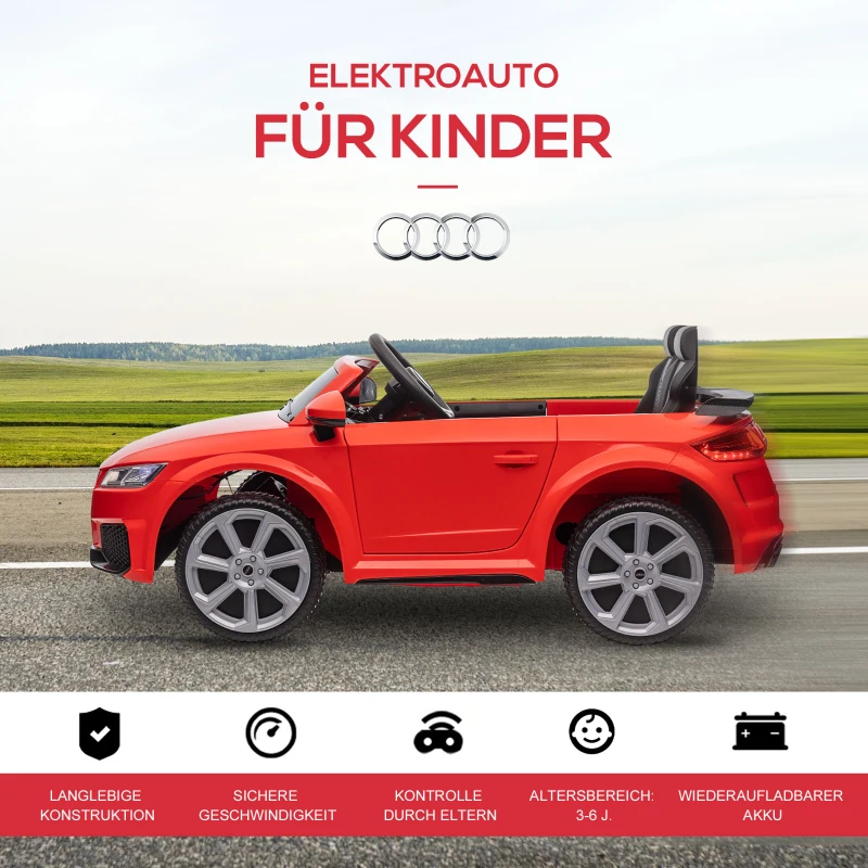 HOMCOM Audi Kinder Elektroauto 12V mit 2,4G Fernbedienung, Musik, Hupe, Elektrofahrzeug mit LED-Leuchte, USB/MP3-Anschluss, Rückwärtsfunktion, für Kinder 3-5 Jahre, Rot