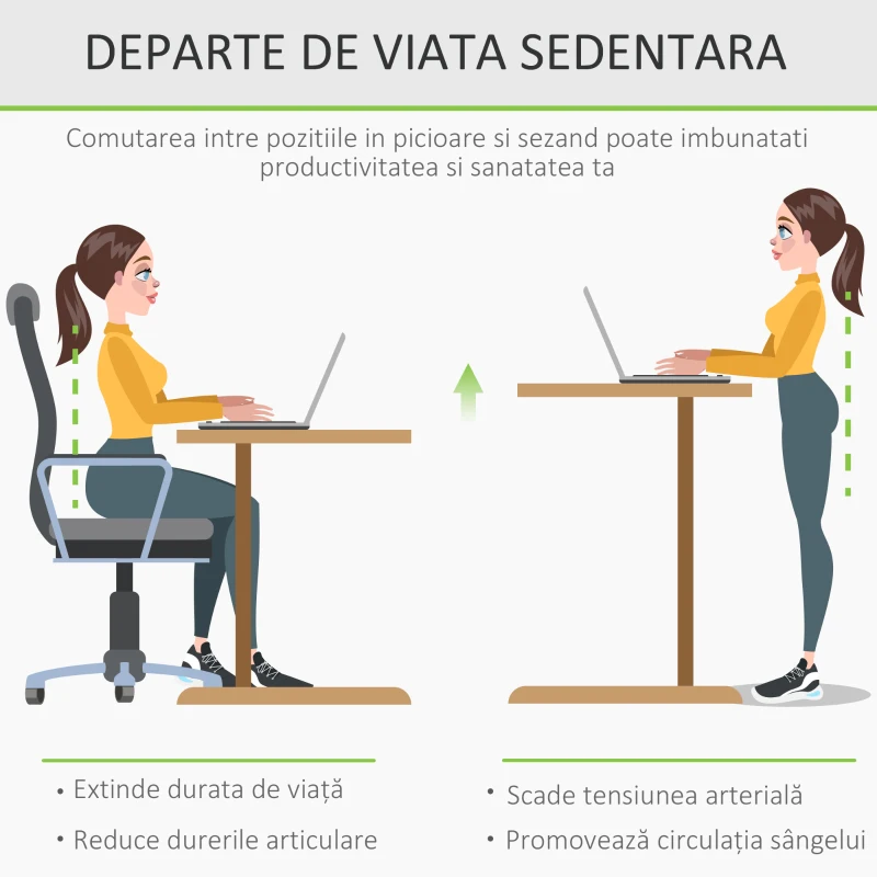 Vinsetto Birou Reglabil pe Inaltime cu Manivela, Birou Modern cu