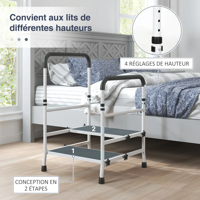 HOMCOM Marchepied escabeau 2 marches avec 2 poignées barres de sécurité hauteur réglable pour appui noir blanc