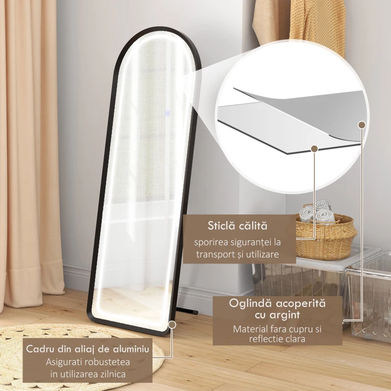 HOMCOM Oglinda mare arcuita cu lumini LED, cu 3 culori de lumina