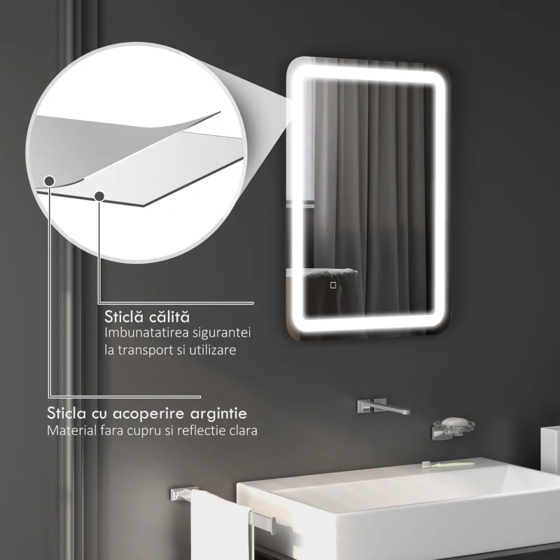 kleankin Oglinda LED, oglindă de machiaj și baie, lumina Reglabilă cu 3 culoare, Design anti-aburire, 70 x 50 cm, Argintiu