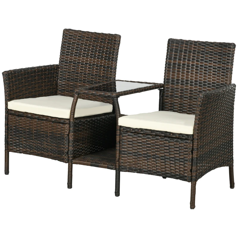 Outsunny Set de 2 Scaune din Ratan cu Măsuță de Ceai, Canapea pentru 2 Persoane pentru Exterior cu Perne, 38x60x87 cm, Maro