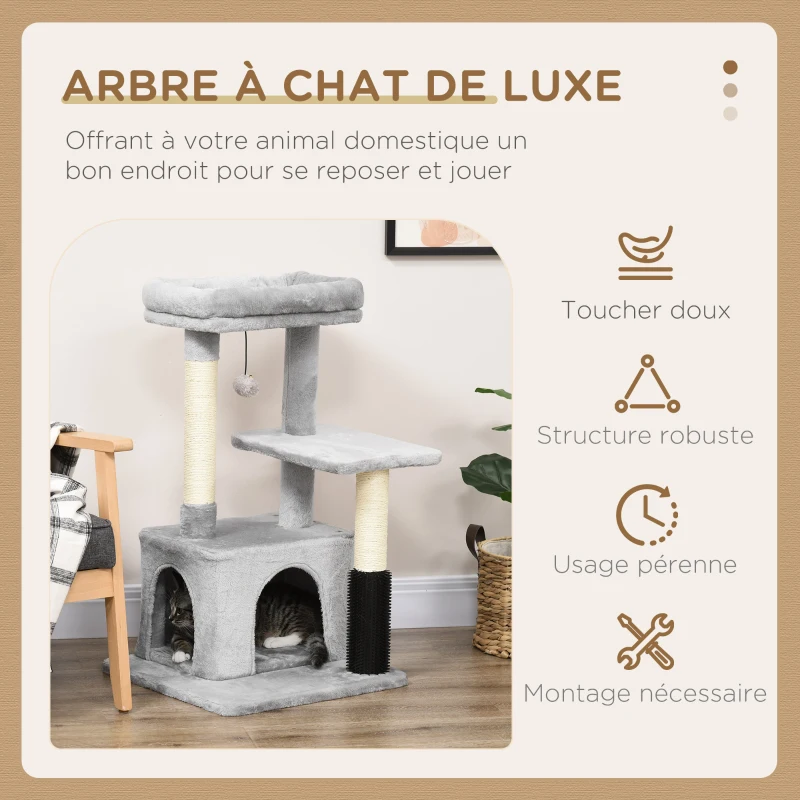 PawHut Arbre à chat arbre à grimper griffoir massage pour chat centre d'activités avec niche et plates-formes hauteur 85 cm gris clair