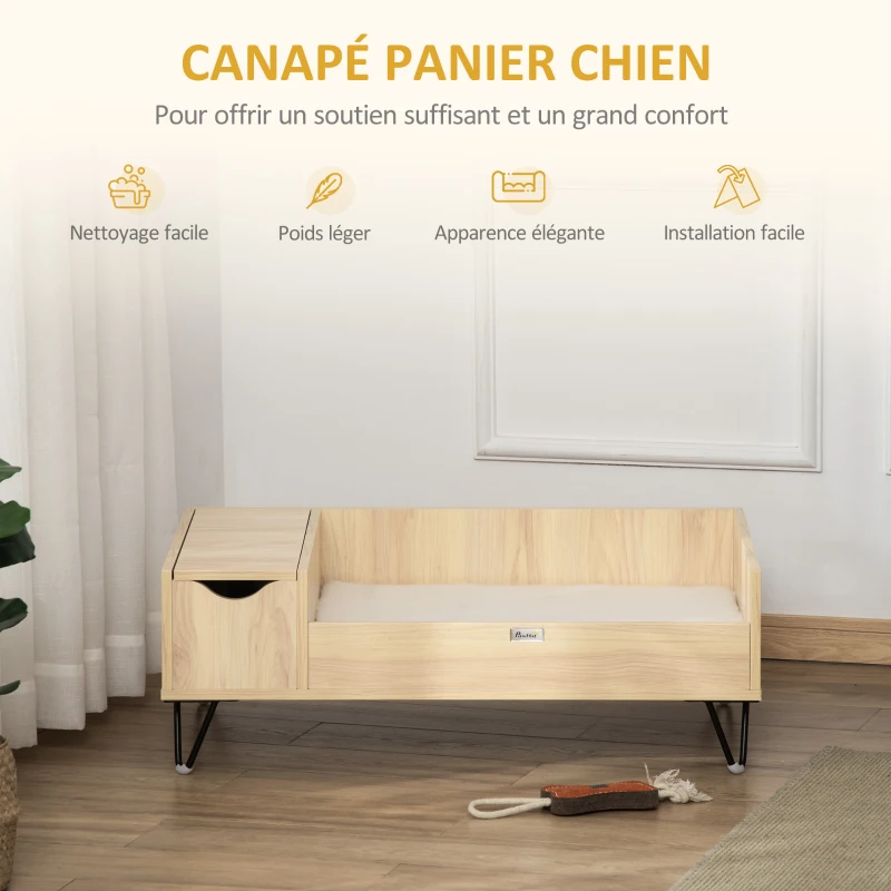 PawHut Canapé lit panier surélevé pour chien et chat avec coussin moelleux et rangement housse lavable, pieds en acier aspect bois clair
