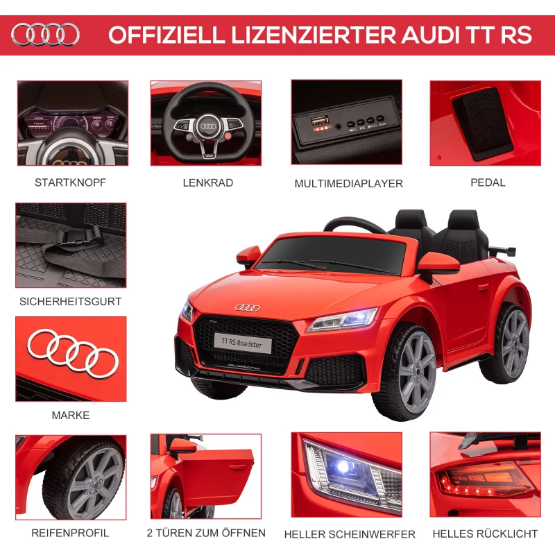 HOMCOM Audi Kinder Elektroauto 12V mit 2,4G Fernbedienung, Musik, Hupe, Elektrofahrzeug mit LED-Leuchte, USB/MP3-Anschluss, Rückwärtsfunktion, für Kinder 3-5 Jahre, Rot