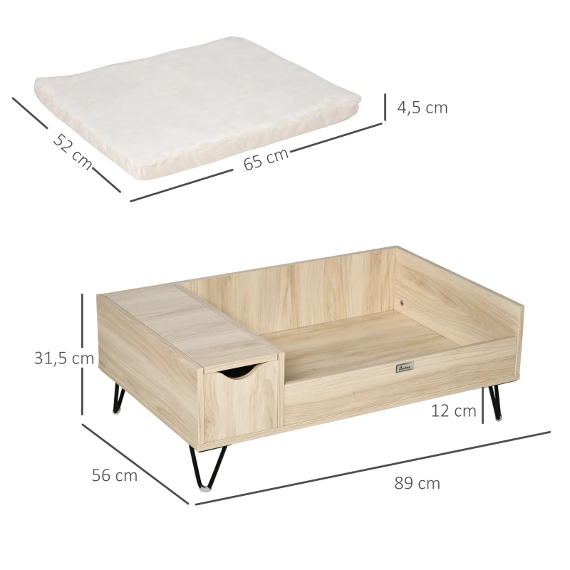 PawHut Canapé lit panier surélevé pour chien et chat avec coussin moelleux et rangement housse lavable, pieds en acier aspect bois clair