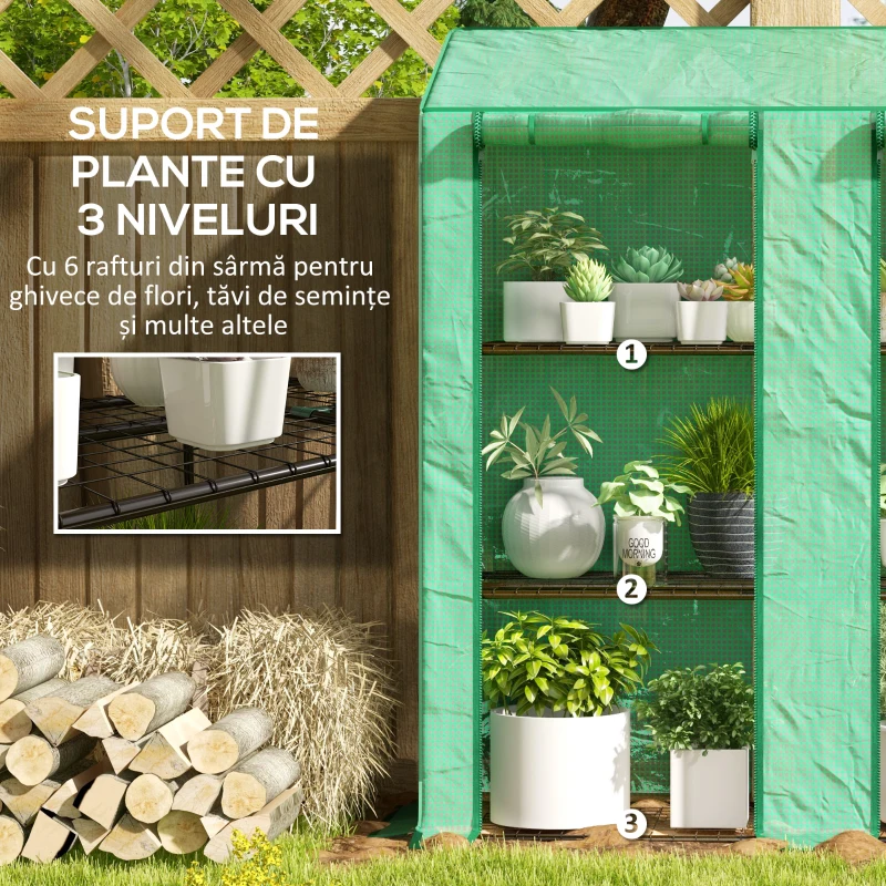 Outsunny Seră de Grădină cu Copertină din PE, Seră cu Acoperiș Înclinat, 2 Uși Rulante și 6 Rafturi, 143x46x151cm, Verde