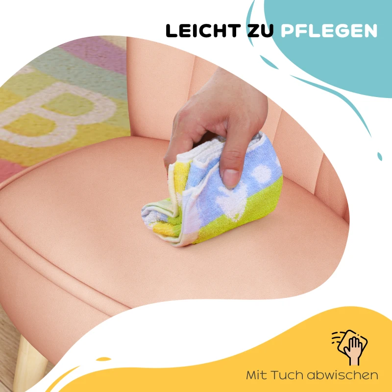 AIYAPLAY Kinderfauteuil in fluweeleffect, voor 3-7 jaar, tot 45 kg, Houten frame, 44x45x56,5cm, Roze