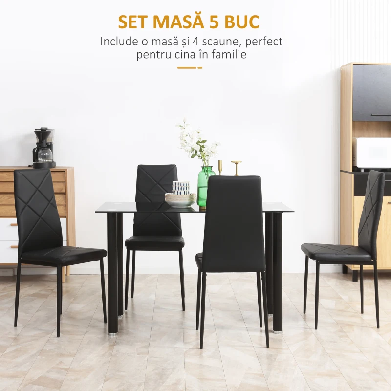 HOMCOM Set Masa de Sufragerie cu 4 Scaune, cu Sticla Securizata