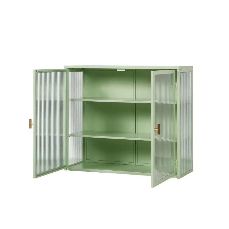 Moderne Wandschrank mit zwei Türen, Glasfront und dreistufigen Regalen für Flur, Wohnzimmer, Bad und Esszimmer, Grün