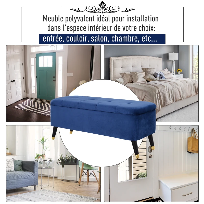 HOMCOM Banc de rangement, bout de lit, coffre de rangement, repose-pieds en velours côtelé avec couvercle, pour salon, chambre, entrée, 117 x 44 x 50 cm, bleu